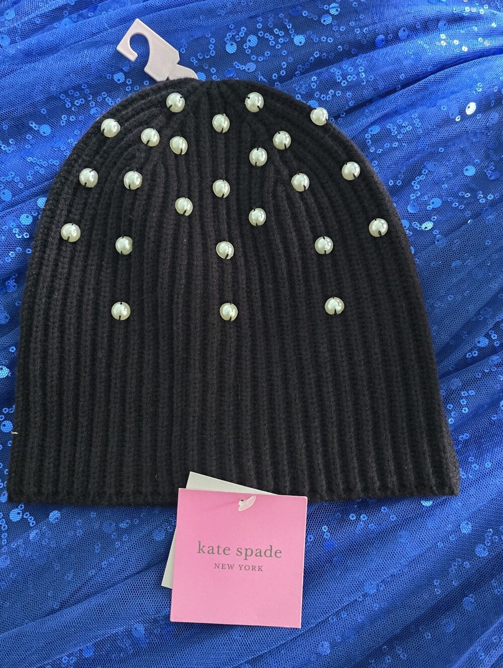 kate spade black beanie with pearl studs